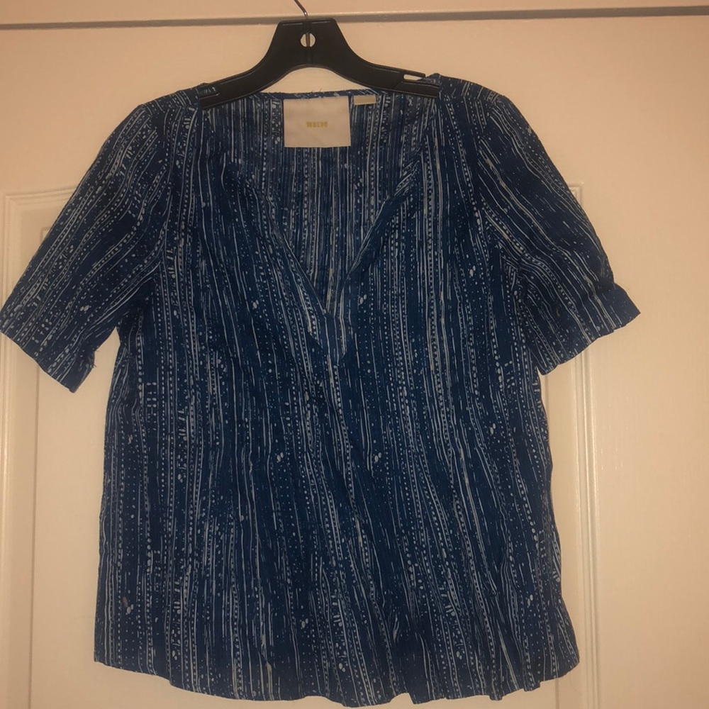 Anthropologie Maeve blue white cotton linen top